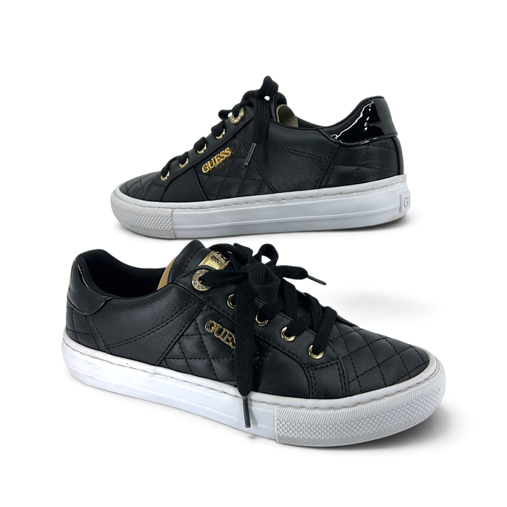 GUESS Loven Women’s 6.5 Black Quilted Platform Sneakers Gold Accent